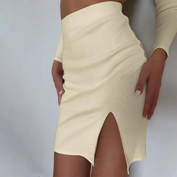 X5XA Womens Summer Solid Color 2 Piece Outfit Hollow Out Long Sleeve Crop Tops and Bodycon Mini Skirt Set Sexy Y2K Outfits