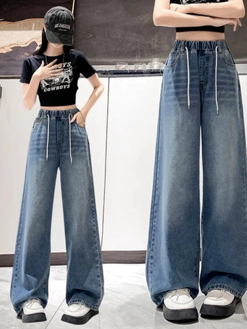 High Waist Wide Leg Jeans Women's Light Color Elastic Waist Dstring Loose Floor-Length Trousers plus Size Slimming Effect