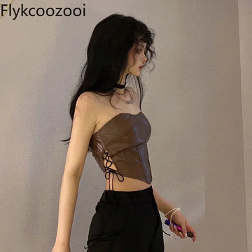 Flykcoozooi High Street Spicy Girl Lace up Waist Slimming Irregular Strapless Tube Top Brown Leather Camisole Crop Tops Women