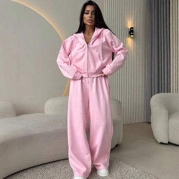 Women's Casual Hooded Cardigan Sweater And Trousers Two-Piece Set Long Sve Zipper Closure Summer Faion Outfit
