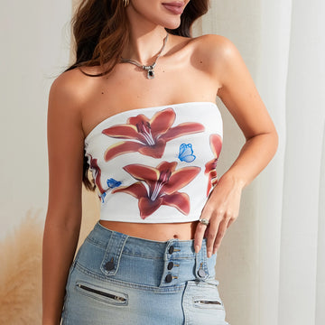 Summer Women Flower Print Fitted Tube Tops Slim Fit Crop Tops Sleeveless Off Shoulder Strapss Bandeau Tops Going Out Tops