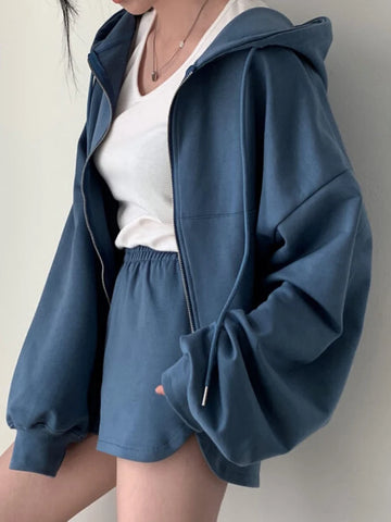Chic Early Autumn Retro Hooded Zipper Sweatirt Jaet High Waist Slimming Versatile Wide Leg orts Women's Faion Set