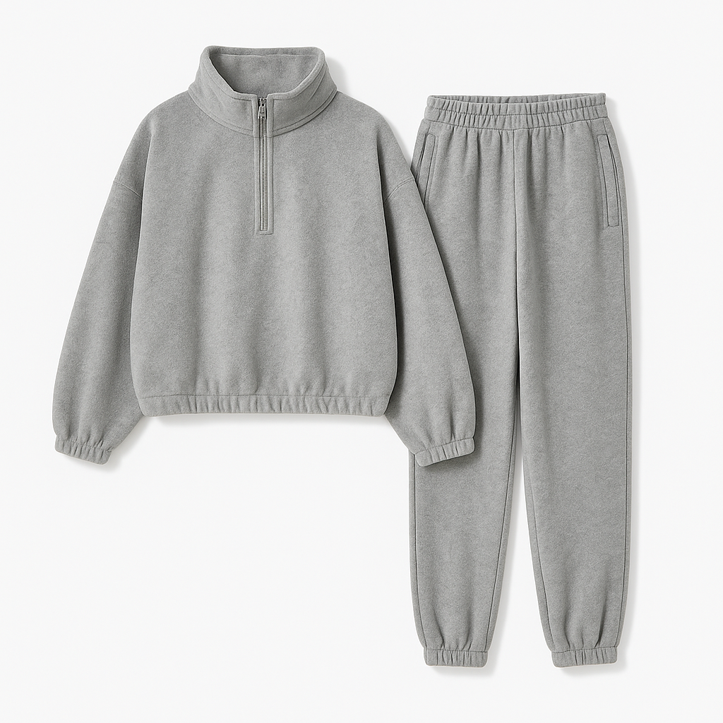 Fleece-Lined Zip Hoodie & Jogger Set – Casual Two-Piece Women’s Tracksuit