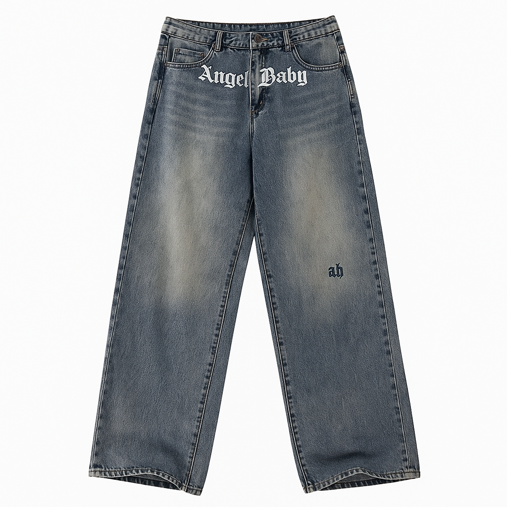 Vintage Letter Embroidered Baggy Jeans