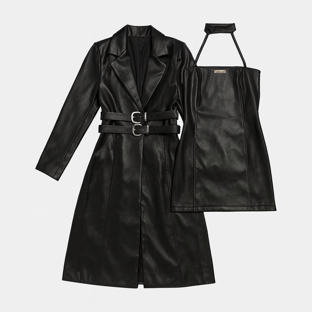 PU Leather Mini Dress & Biker Coat Set