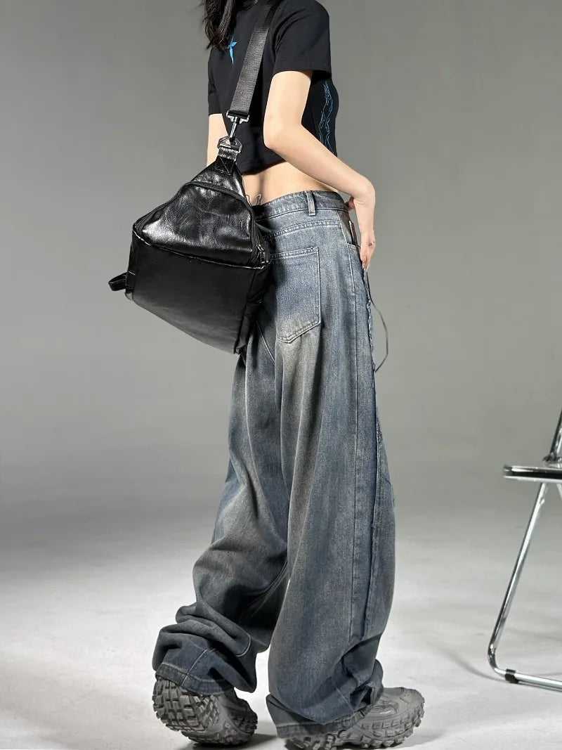 American New Fashion Letter Embroidered Baggy Jeans Women Y2K High Street Harajuku Vintage Gothic Straight Versatile Mop Pants