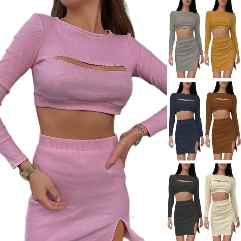 X5XA Womens Summer Solid Color 2 Piece Outfit Hollow Out Long Sleeve Crop Tops and Bodycon Mini Skirt Set Sexy Y2K Outfits