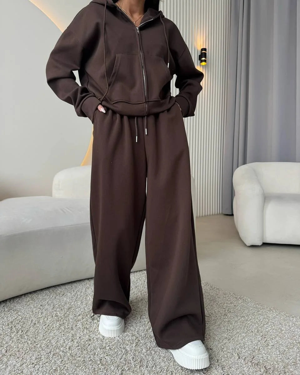 Women's Casual Hooded Cardigan Sweater And Trousers Two-Piece Set Long Sve Zipper Closure Summer Faion Outfit
