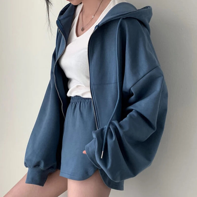 Chic Early Autumn Retro Hooded Zipper Sweatirt Jaet High Waist Slimming Versatile Wide Leg orts Women's Faion Set
