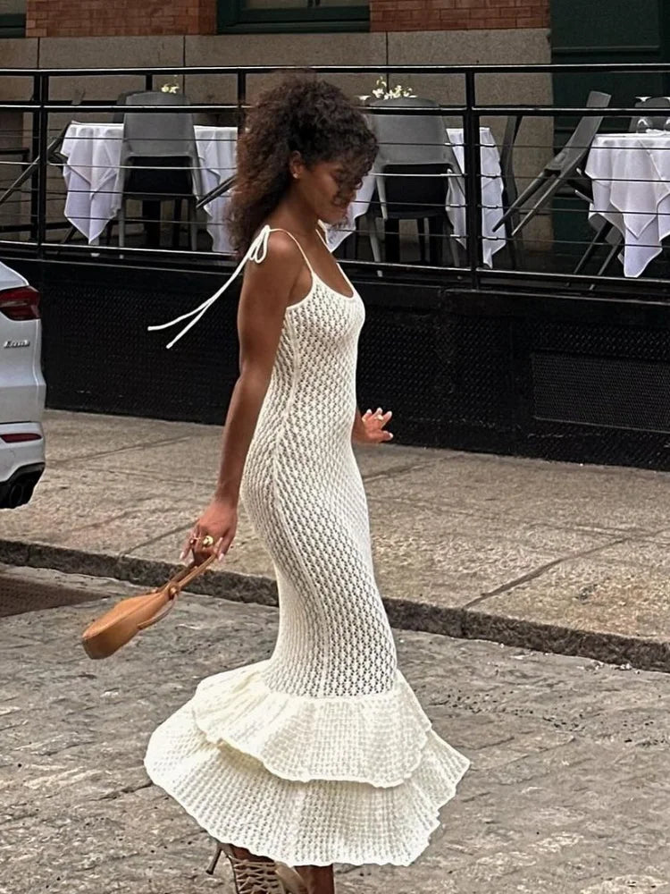 Backless Ruffle Knit Maxi Dress