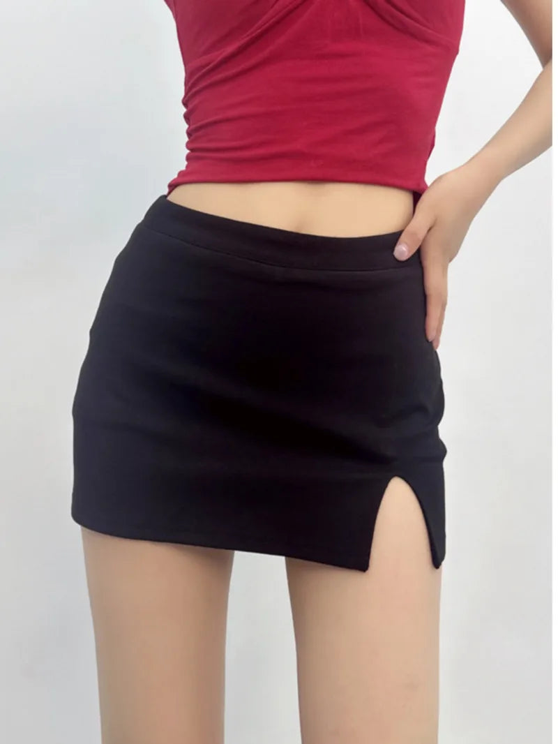 American Style Retro Spicy Girl Low Waist Midi Skirt Women Niche Design Sense Side Split Fork Slim Wrap Hip Short Skirt 04BB
