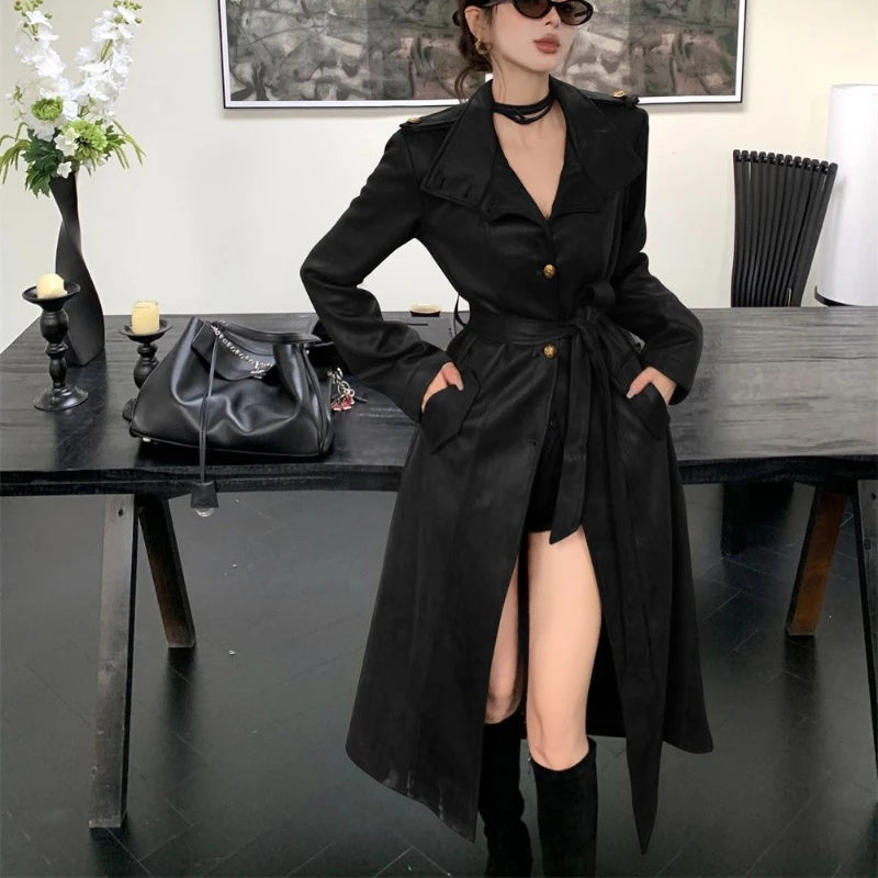 Fashion Sexy PU Leather Black Mini Dresses Set Women Casual Moto Biker Long Coat Y2k Slim Dress Suit Vintage Elegant 2 Piece Set