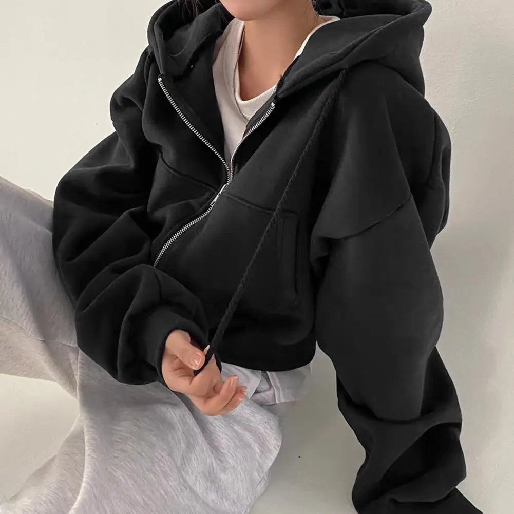 2024 Autumn/winter New Women Coat Hooded Fashion Cropped Slims Zip-up Warm Solid Color Hooded Sweatshirt For Women Jacket ﻿