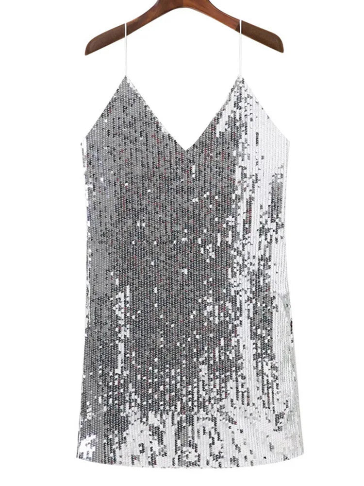 Deep V Neck Silver Sequined Backless Sexy Dress Women Off Shoulder Mini Dress Short Christmas Party Club Strap Dresses Vestidos