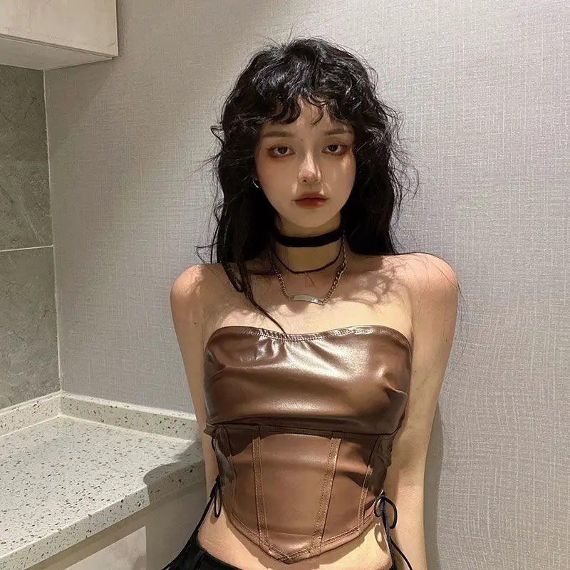 Flykcoozooi High Street Spicy Girl Lace up Waist Slimming Irregular Strapless Tube Top Brown Leather Camisole Crop Tops Women