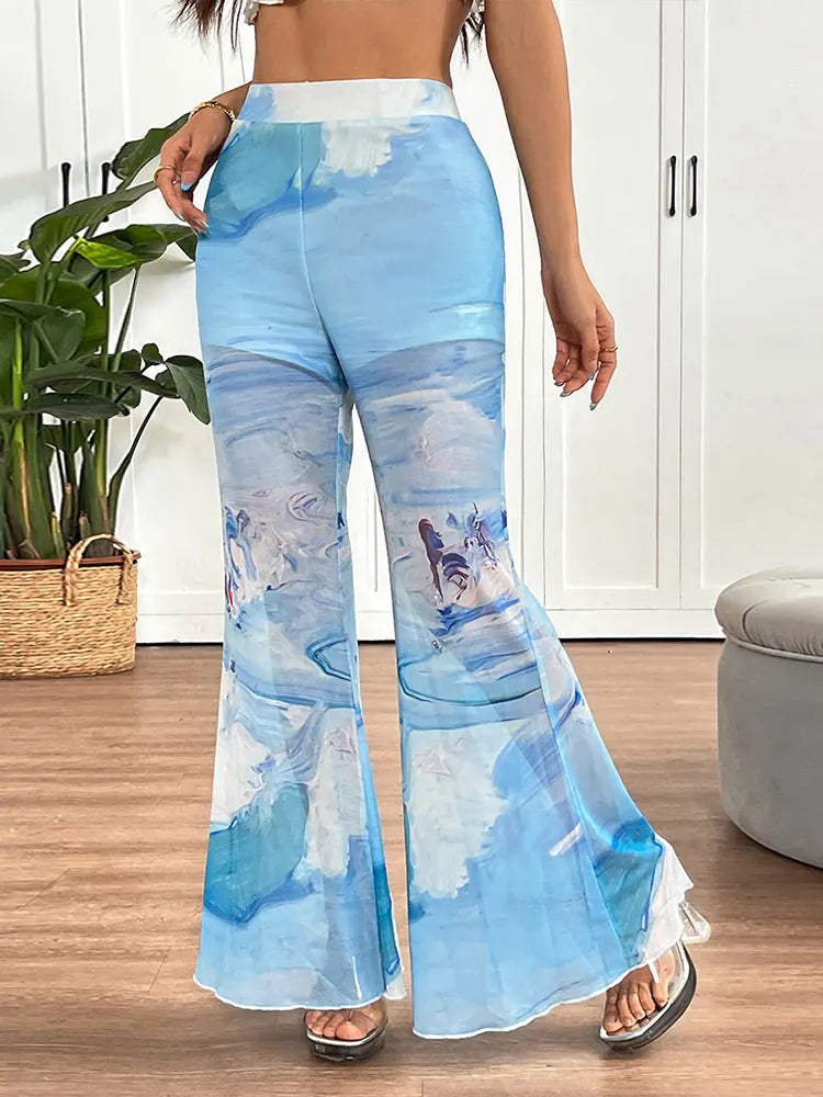 Women Trousers Summer New Fashion Streetwear Tie Dye Print Casual Slim Mesh Trousers Elegant Lady Sexy Versatile Pants Clothing