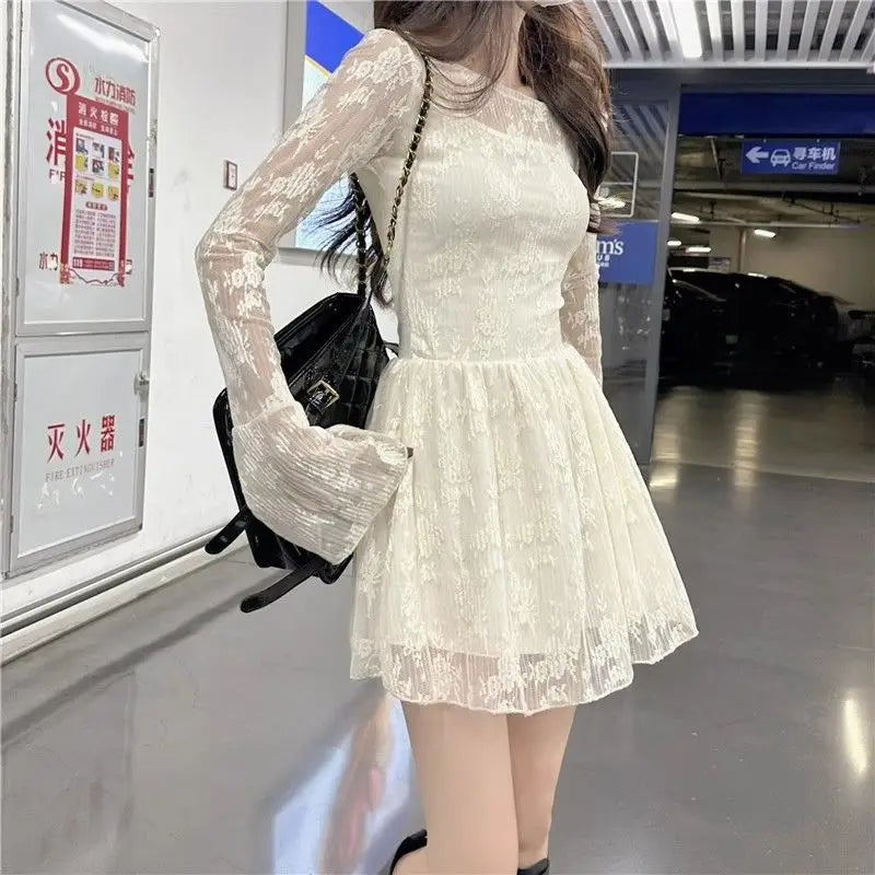 Gagarich Korean Apricot Color Waist Cinched A-line Short Dress Women Autumn New Gentle Temperament Spicy Girl Lace Vesitods