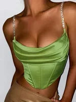 Summer Women's Diamond Chain Crop Top Aesthetic Solid Color Tank Top Y2k Streetwear Sleeveless Thin Straps Corset Tops Camisole