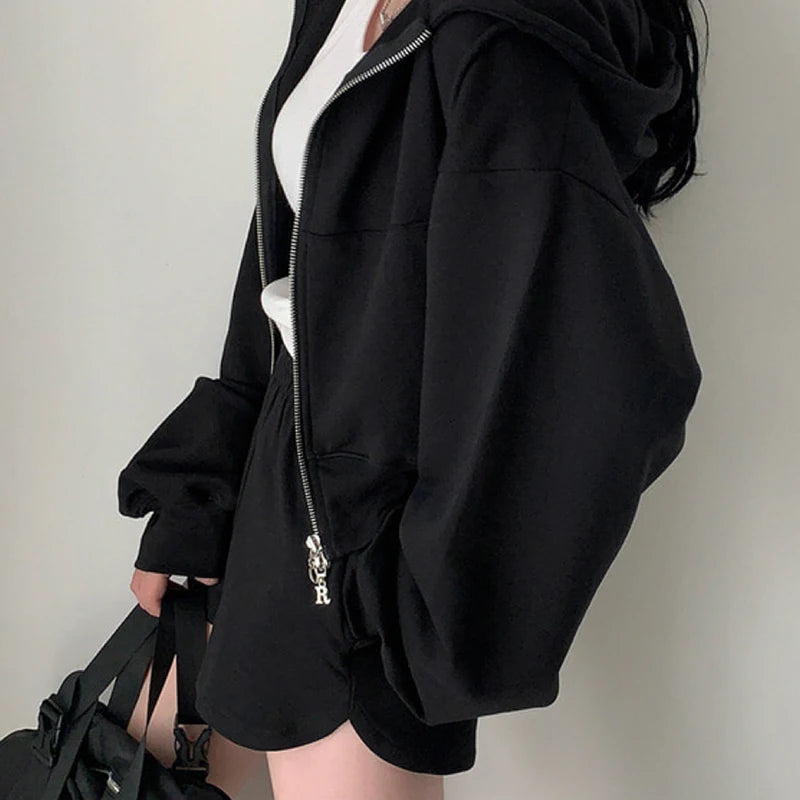 Chic Early Autumn Retro Hooded Zipper Sweatirt Jaet High Waist Slimming Versatile Wide Leg orts Women's Faion Set