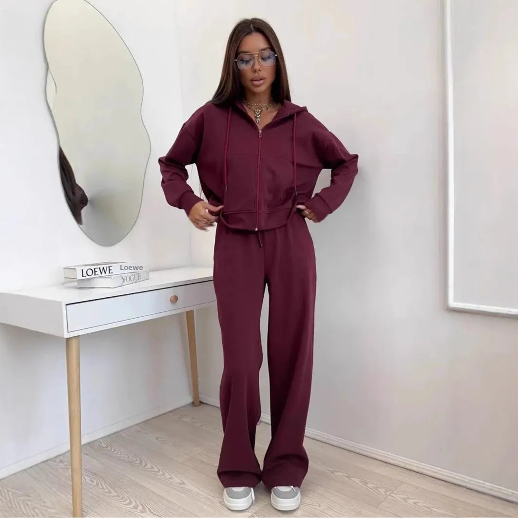 Women's Casual Hooded Cardigan Sweater And Trousers Two-Piece Set Long Sve Zipper Closure Summer Faion Outfit