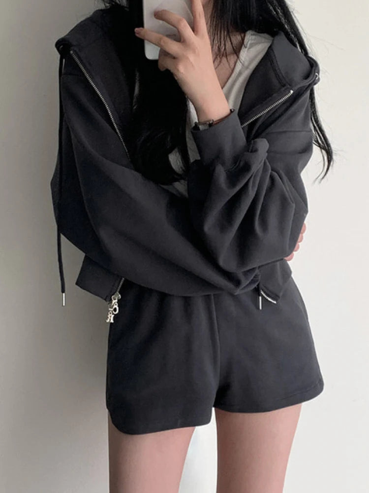 Chic Early Autumn Retro Hooded Zipper Sweatirt Jaet High Waist Slimming Versatile Wide Leg orts Women's Faion Set