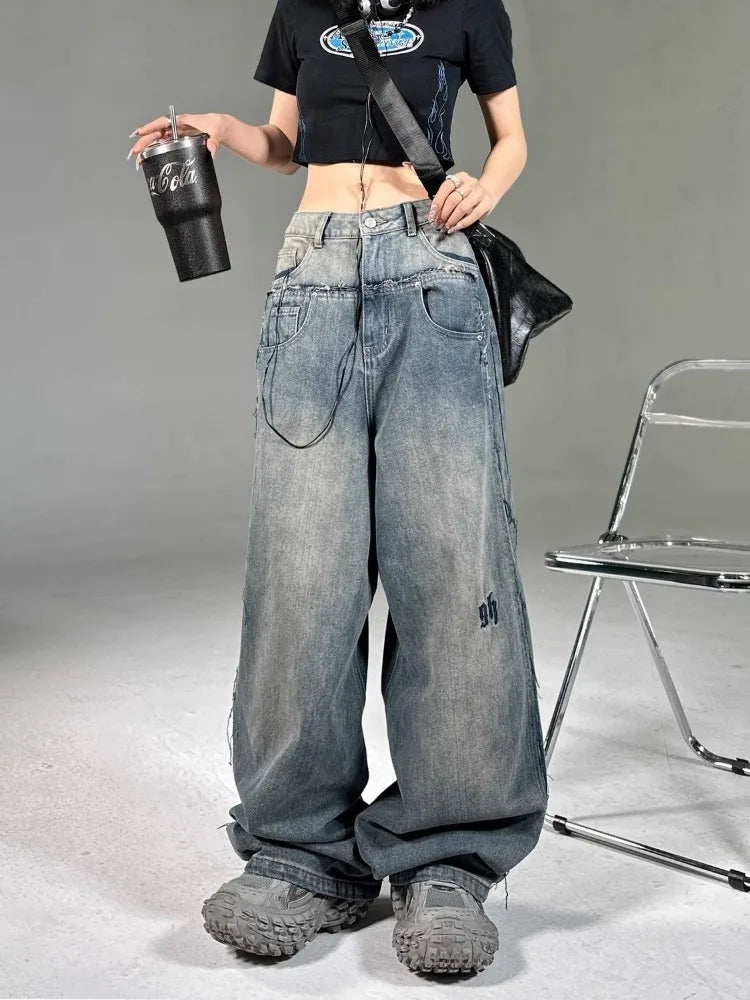 Women’s Vintage Wide-Leg Cargo Jeans – Y2K Streetwear Denim