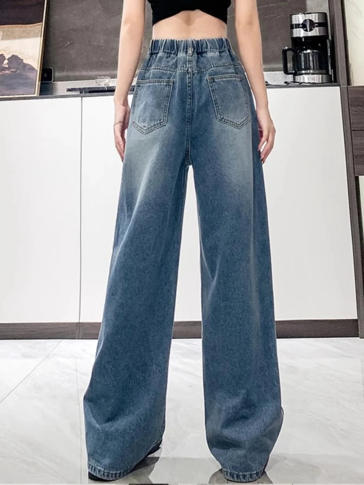 High Waist Wide Leg Jeans Women's Light Color Elastic Waist Dstring Loose Floor-Length Trousers plus Size Slimming Effect