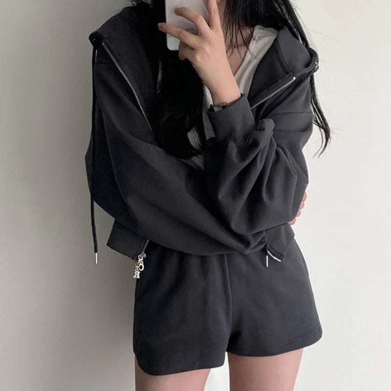 Chic Early Autumn Retro Hooded Zipper Sweatirt Jaet High Waist Slimming Versatile Wide Leg orts Women's Faion Set