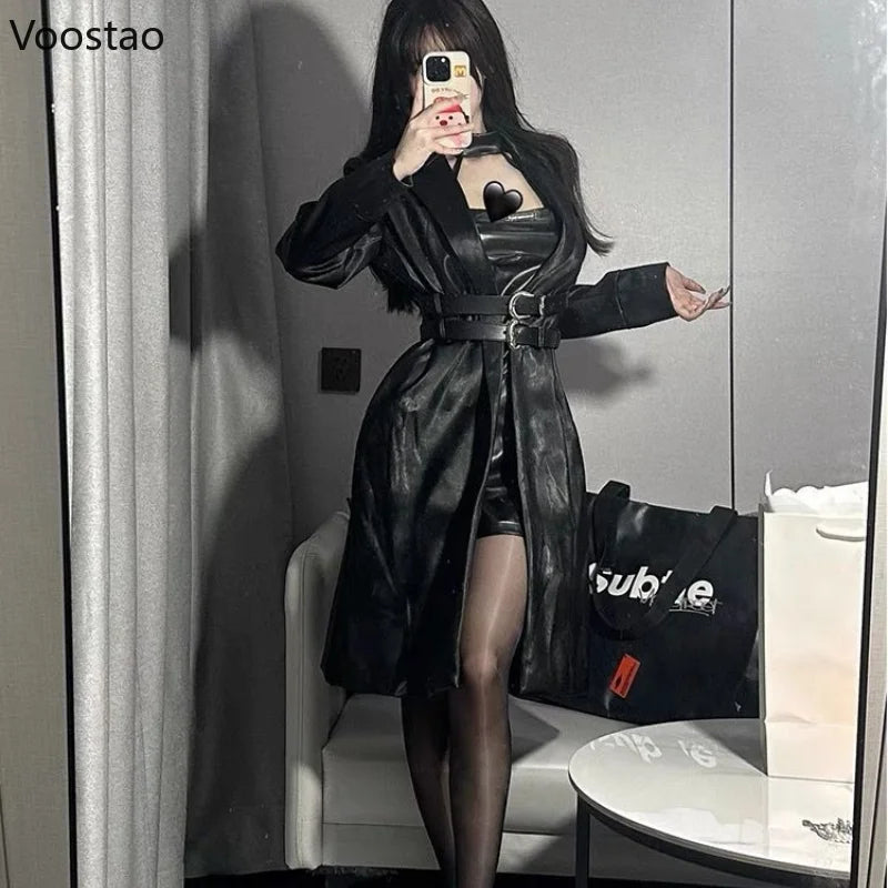 Fashion Sexy PU Leather Black Mini Dresses Set Women Casual Moto Biker Long Coat Y2k Slim Dress Suit Vintage Elegant 2 Piece Set