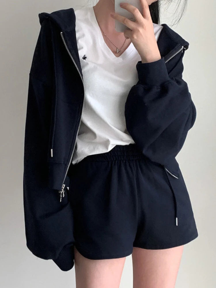 Chic Early Autumn Retro Hooded Zipper Sweatirt Jaet High Waist Slimming Versatile Wide Leg orts Women's Faion Set