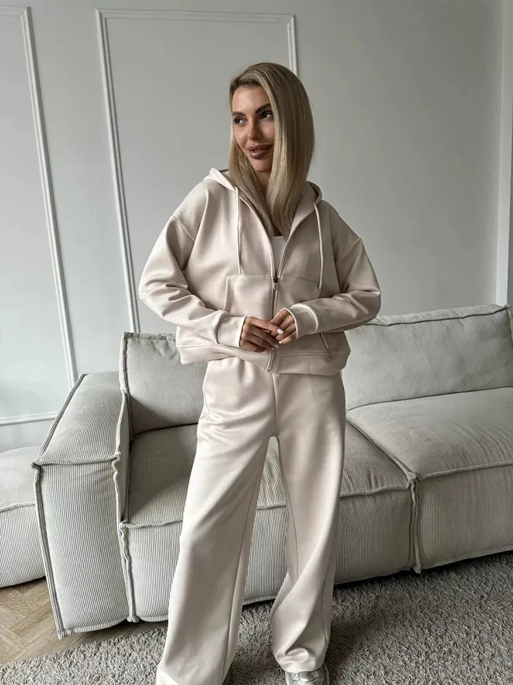 Women's Casual Hooded Cardigan Sweater And Trousers Two-Piece Set Long Sve Zipper Closure Summer Faion Outfit