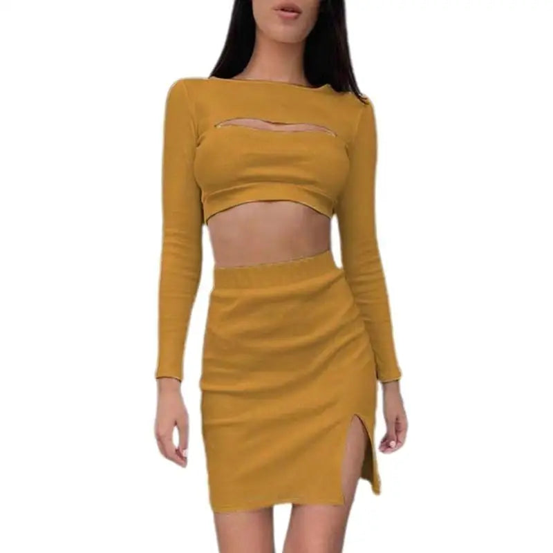 X5XA Womens Summer Solid Color 2 Piece Outfit Hollow Out Long Sleeve Crop Tops and Bodycon Mini Skirt Set Sexy Y2K Outfits