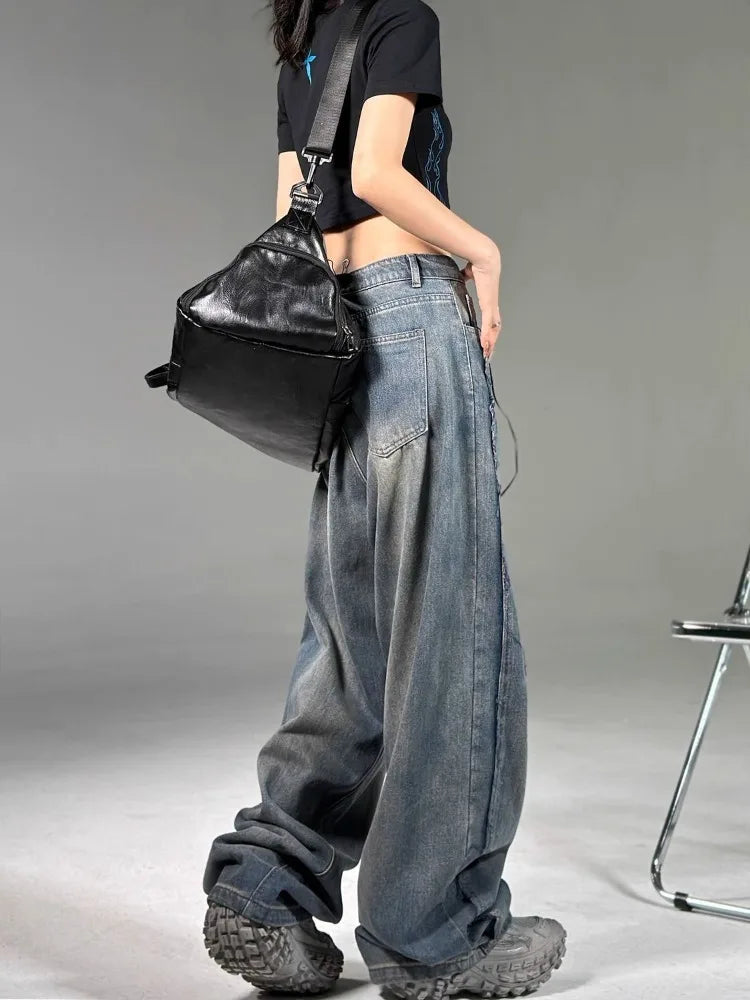 Vintage Wide-leg Jeans Women Y2K Baggy Korean Style 90s Streetwear Grunge Oversize Denim Cargo Pants Hippie Harajuku Trousers