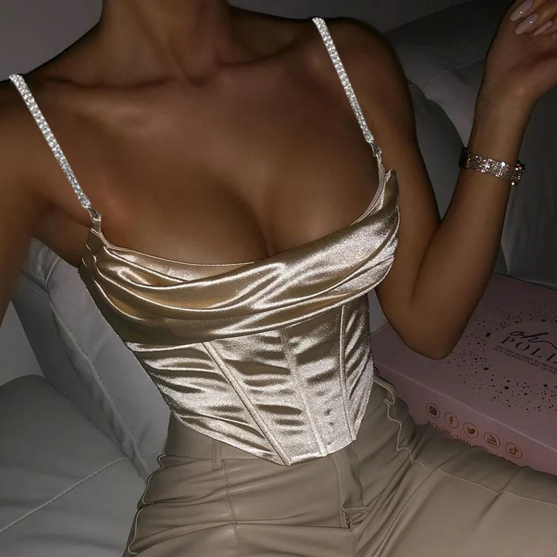 Y2K Shinny Backless Tank Top Sexy V-neck Bandage Halter Crop Tops Aesthetic Halter Drill chain sling corset Hollow Vest emo