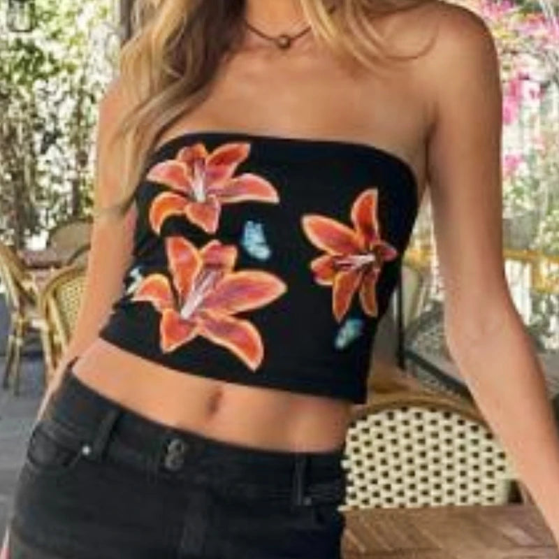 Summer Women Flower Print Fitted Tube Tops Slim Fit Crop Tops Sleeveless Off Shoulder Strapss Bandeau Tops Going Out Tops