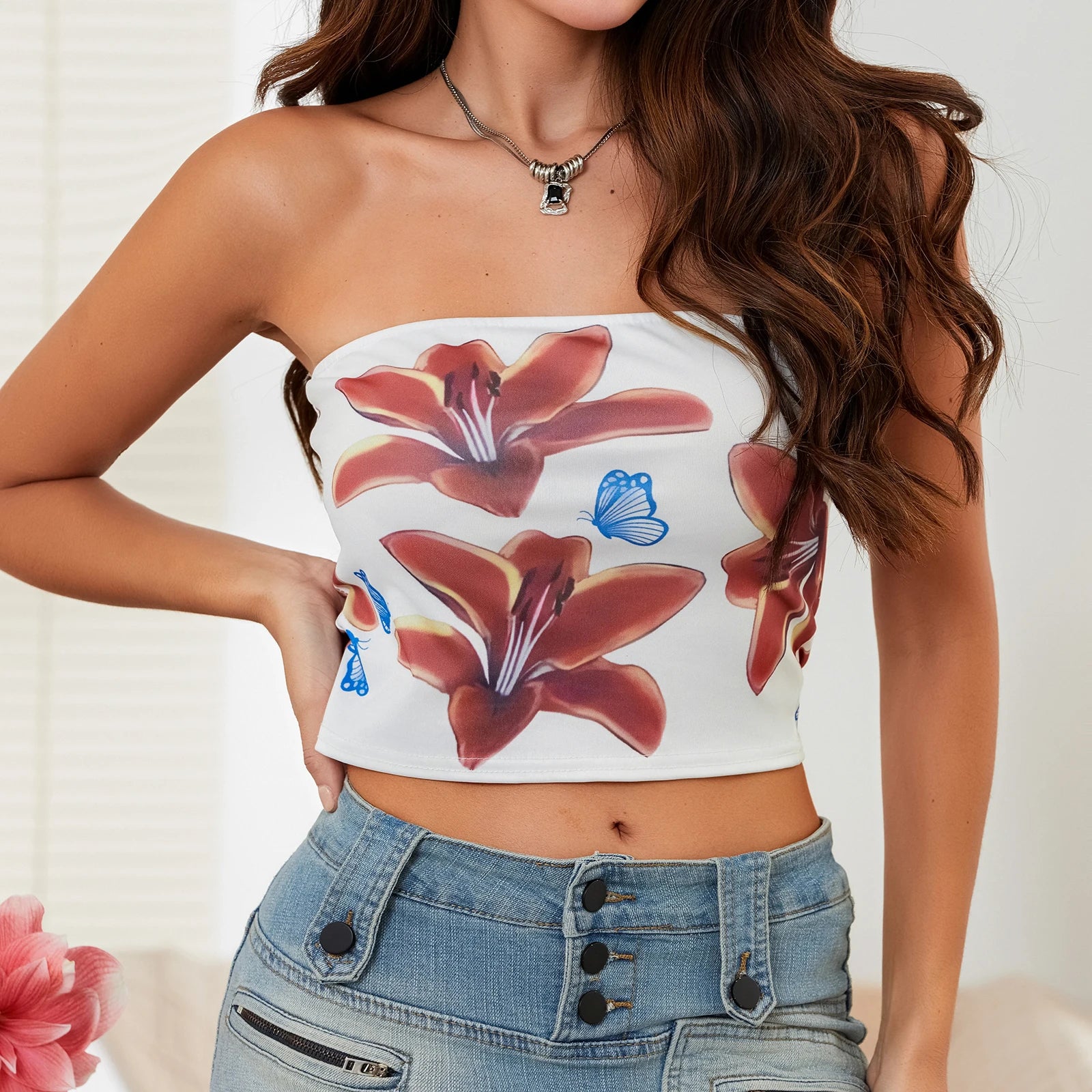 Summer Women Flower Print Fitted Tube Tops Slim Fit Crop Tops Sleeveless Off Shoulder Strapss Bandeau Tops Going Out Tops