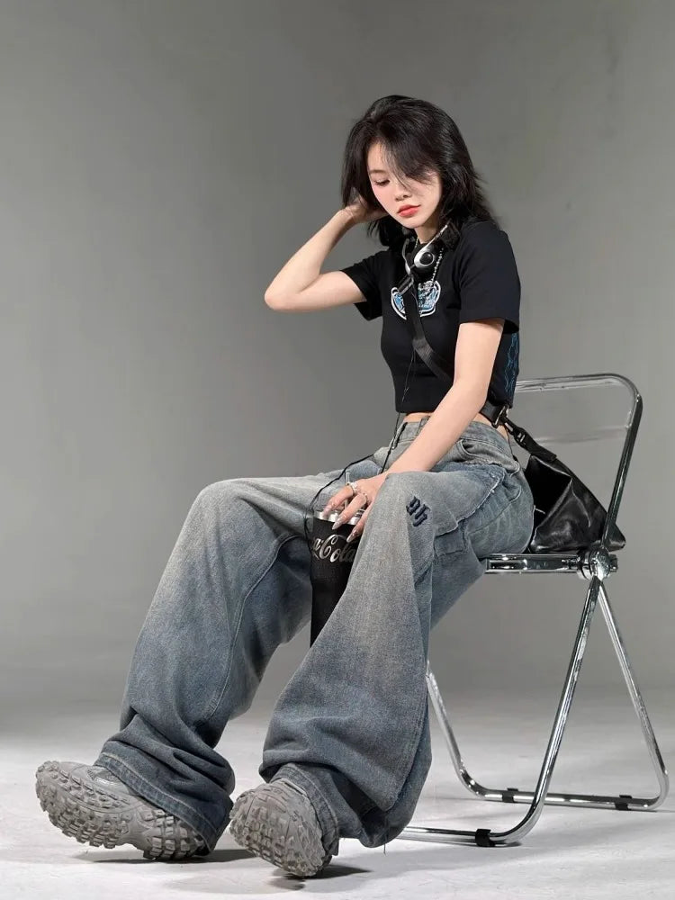 Women’s Vintage Wide-Leg Cargo Jeans – Y2K Streetwear Denim