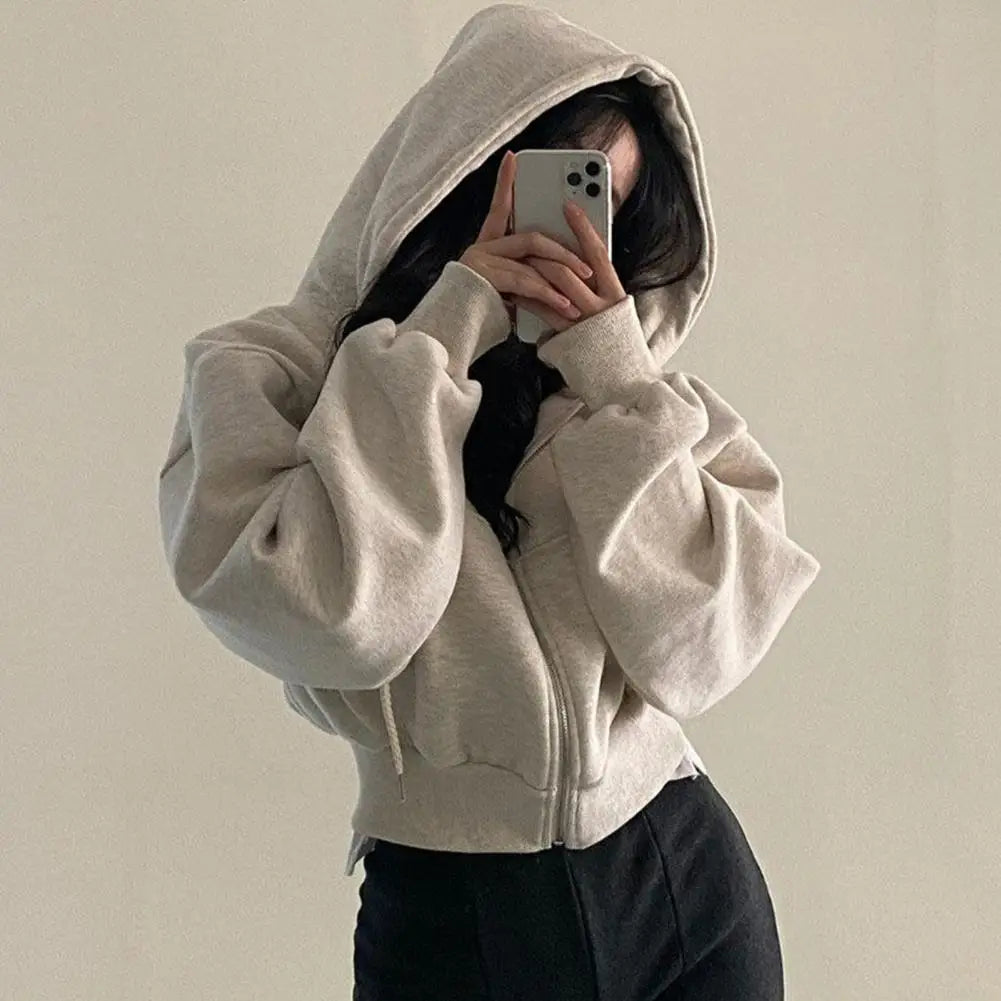 2024 Autumn/winter New Women Coat Hooded Fashion Cropped Slims Zip-up Warm Solid Color Hooded Sweatshirt For Women Jacket ﻿