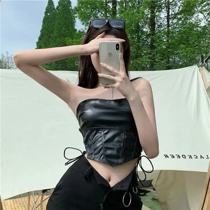 Flykcoozooi High Street Spicy Girl Lace up Waist Slimming Irregular Strapless Tube Top Brown Leather Camisole Crop Tops Women