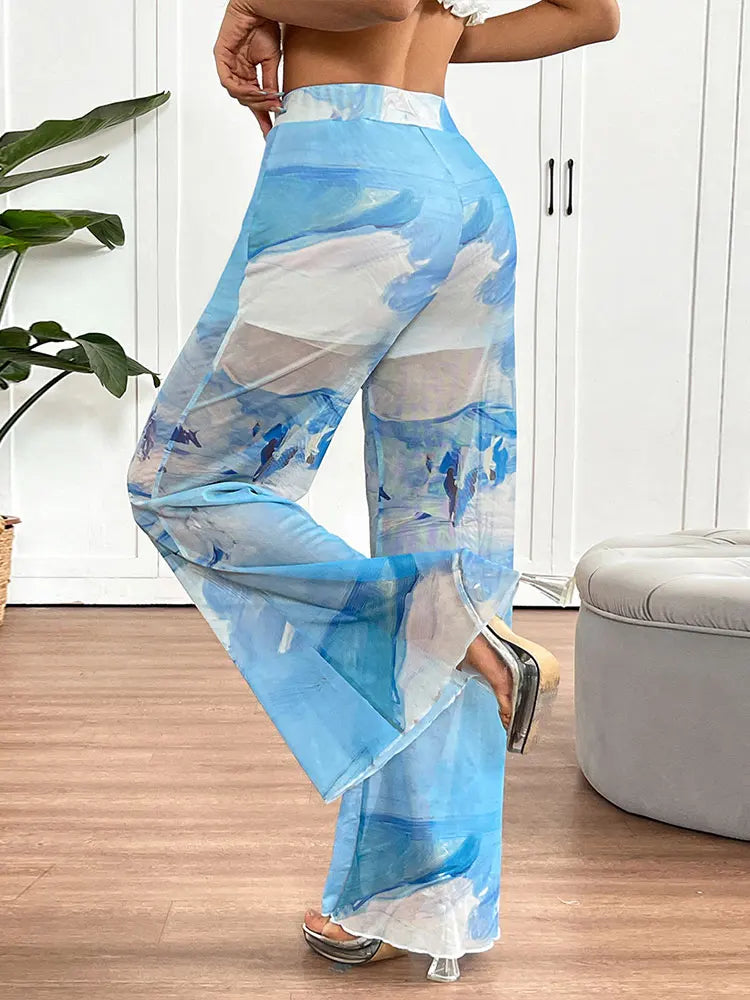 Women Trousers Summer New Fashion Streetwear Tie Dye Print Casual Slim Mesh Trousers Elegant Lady Sexy Versatile Pants Clothing