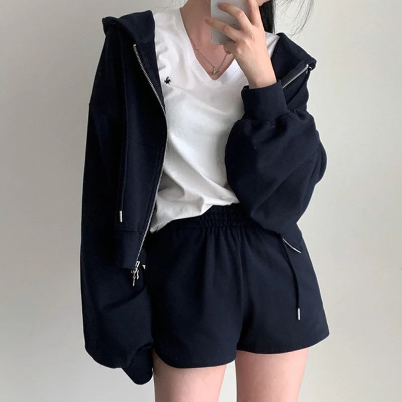Chic Early Autumn Retro Hooded Zipper Sweatirt Jaet High Waist Slimming Versatile Wide Leg orts Women's Faion Set