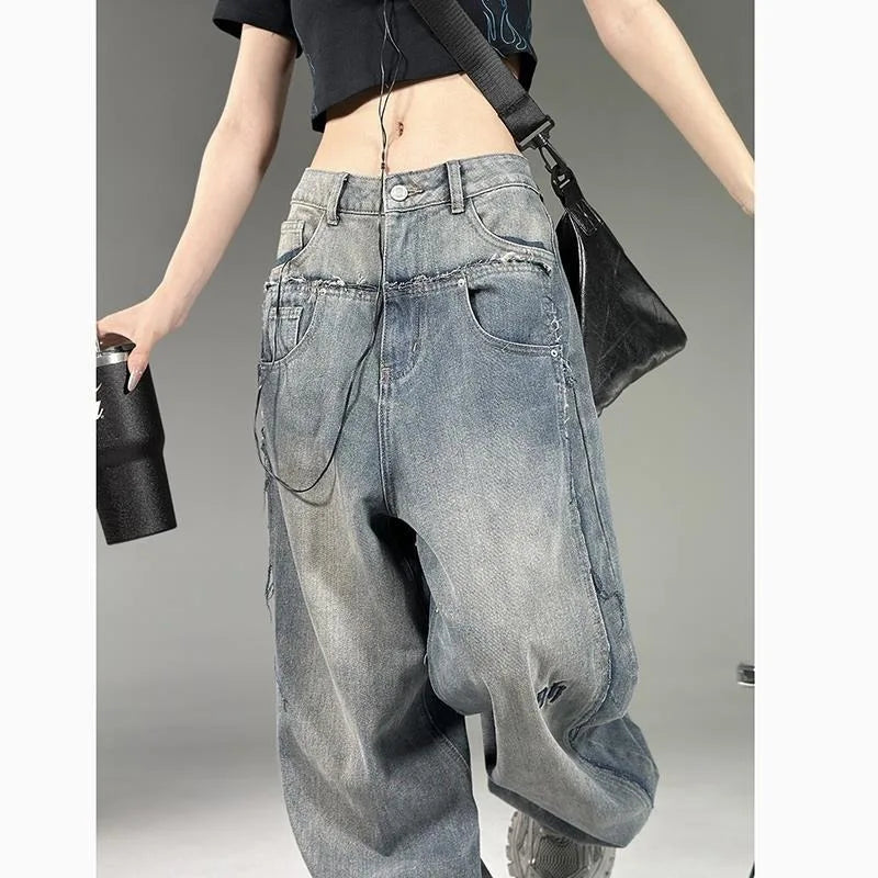 American New Fashion Letter Embroidered Baggy Jeans Women Y2K High Street Harajuku Vintage Gothic Straight Versatile Mop Pants