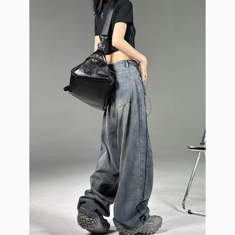 American New Fashion Letter Embroidered Baggy Jeans Women Y2K High Street Harajuku Vintage Gothic Straight Versatile Mop Pants