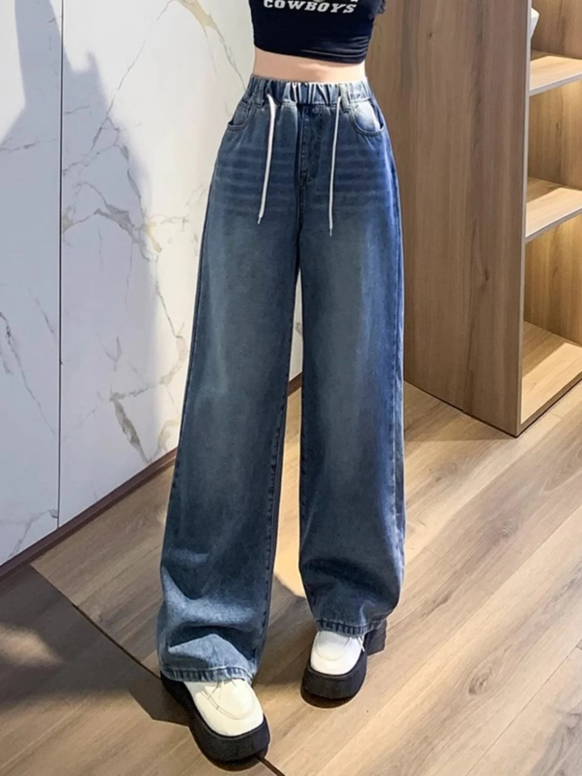 High Waist Wide Leg Jeans Women's Light Color Elastic Waist Dstring Loose Floor-Length Trousers plus Size Slimming Effect