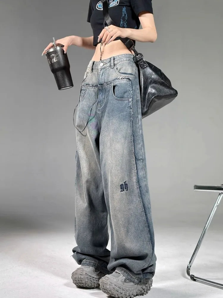 Women’s Vintage Wide-Leg Cargo Jeans – Y2K Streetwear Denim