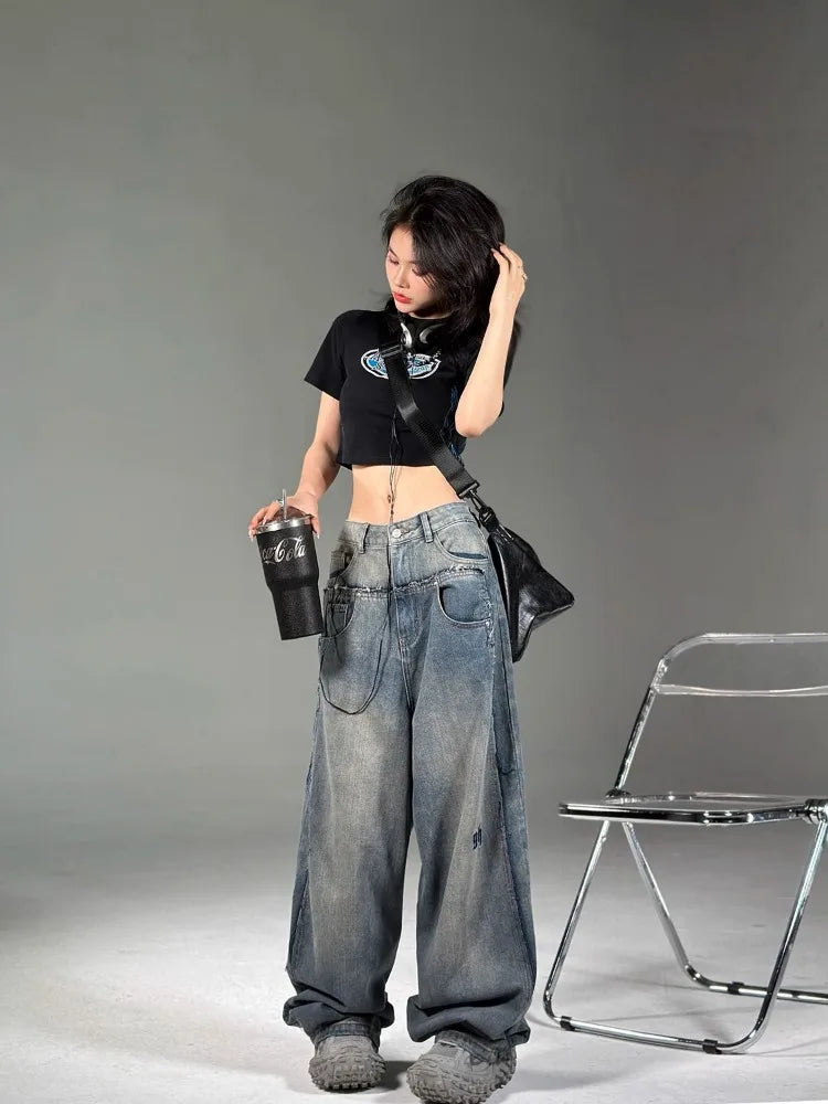 Women’s Vintage Wide-Leg Cargo Jeans – Y2K Streetwear Denim