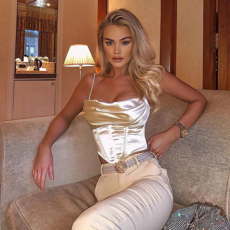 Y2K Shinny Backless Tank Top Sexy V-neck Bandage Halter Crop Tops Aesthetic Halter Drill chain sling corset Hollow Vest emo