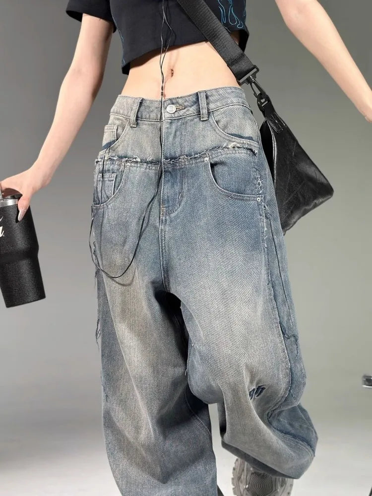 Women’s Vintage Wide-Leg Cargo Jeans – Y2K Streetwear Denim