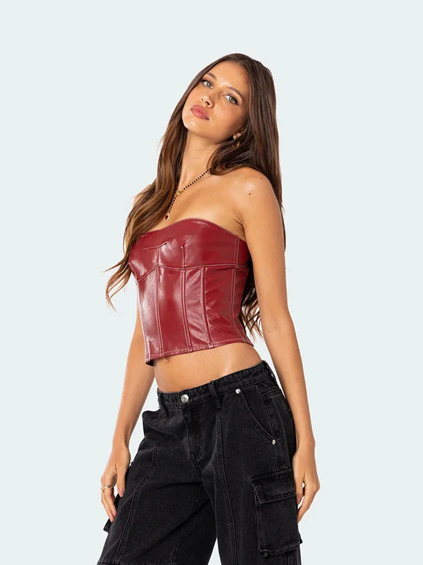 Sexy ort PU Leather Top with Strap Fibone Embroidery And Open Ba for Women Street Sle  Color Summer 2025