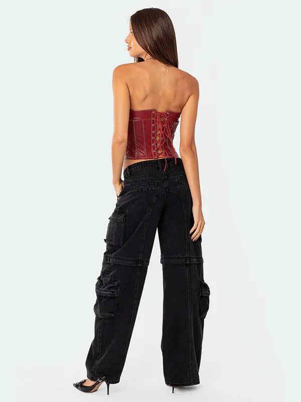 Sexy ort PU Leather Top with Strap Fibone Embroidery And Open Ba for Women Street Sle  Color Summer 2025